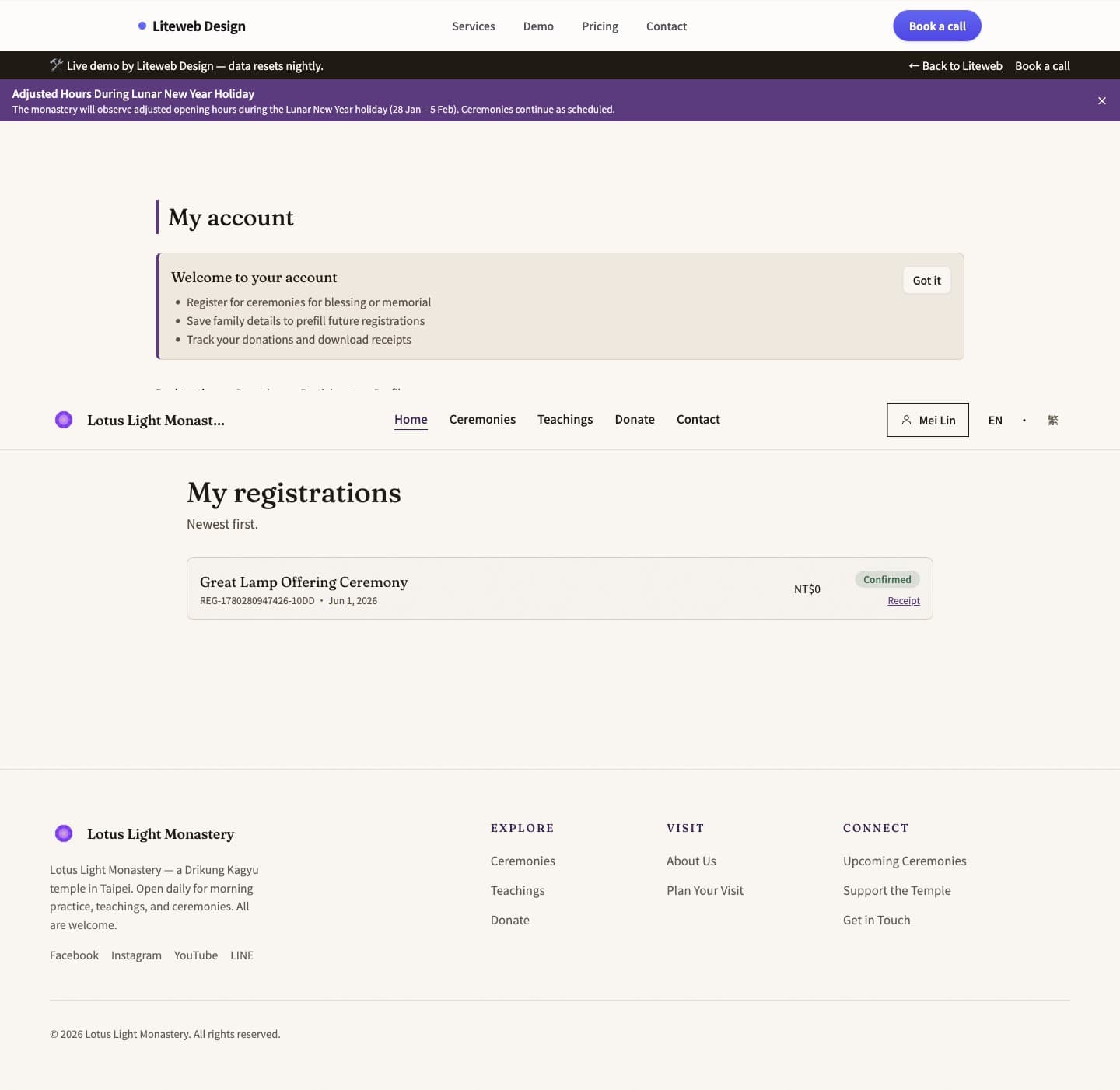 Member account dashboard listing past registrations, donations, and profile settings.