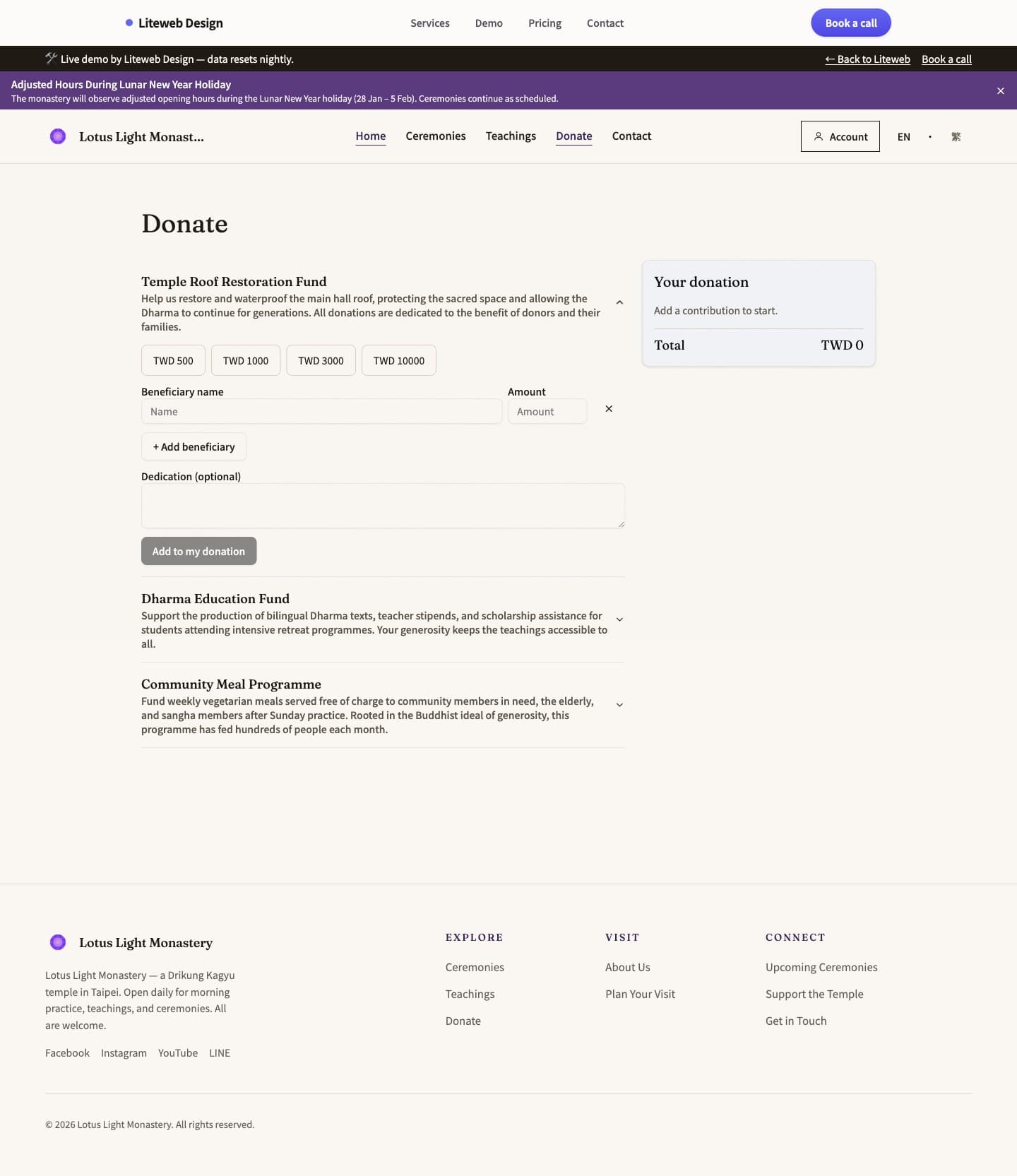 Donation page showing a campaign with preset giving amounts and a secure checkout button.